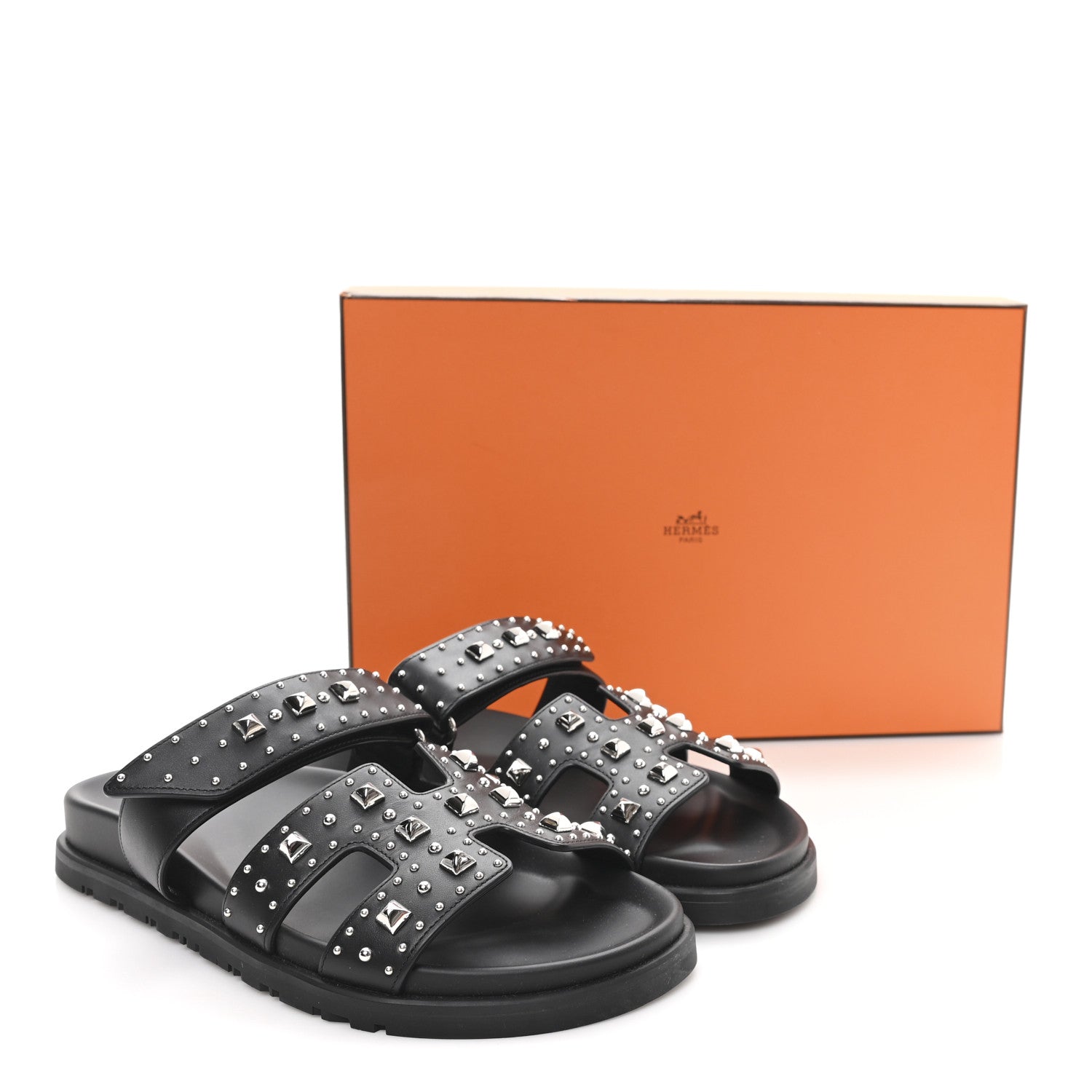 Hermes Calfskin Medor Studded Womens Chypre Sandals 37 Black