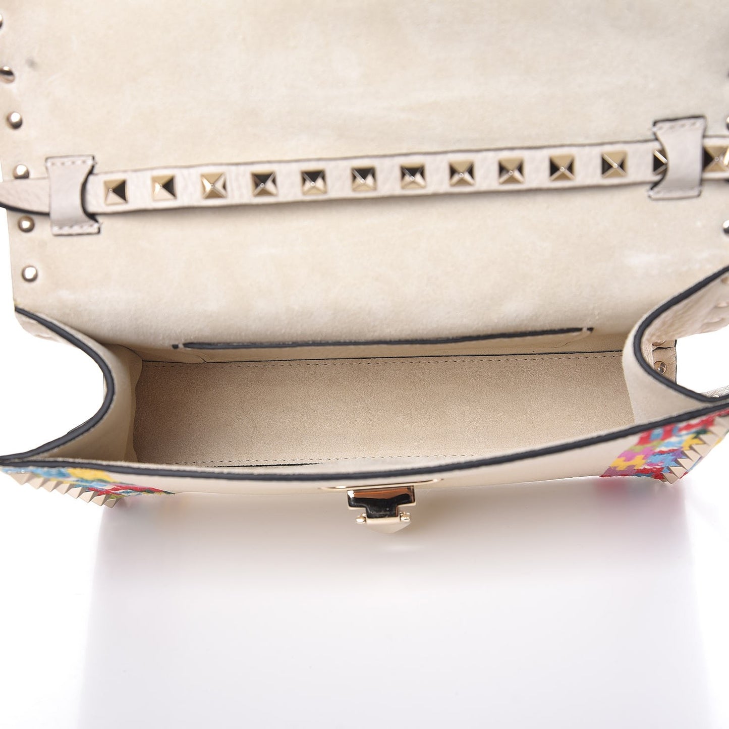 Pebbled Calfskin Embroidered Medium Rockstud Flip Lock Crossbody Bag Ivory