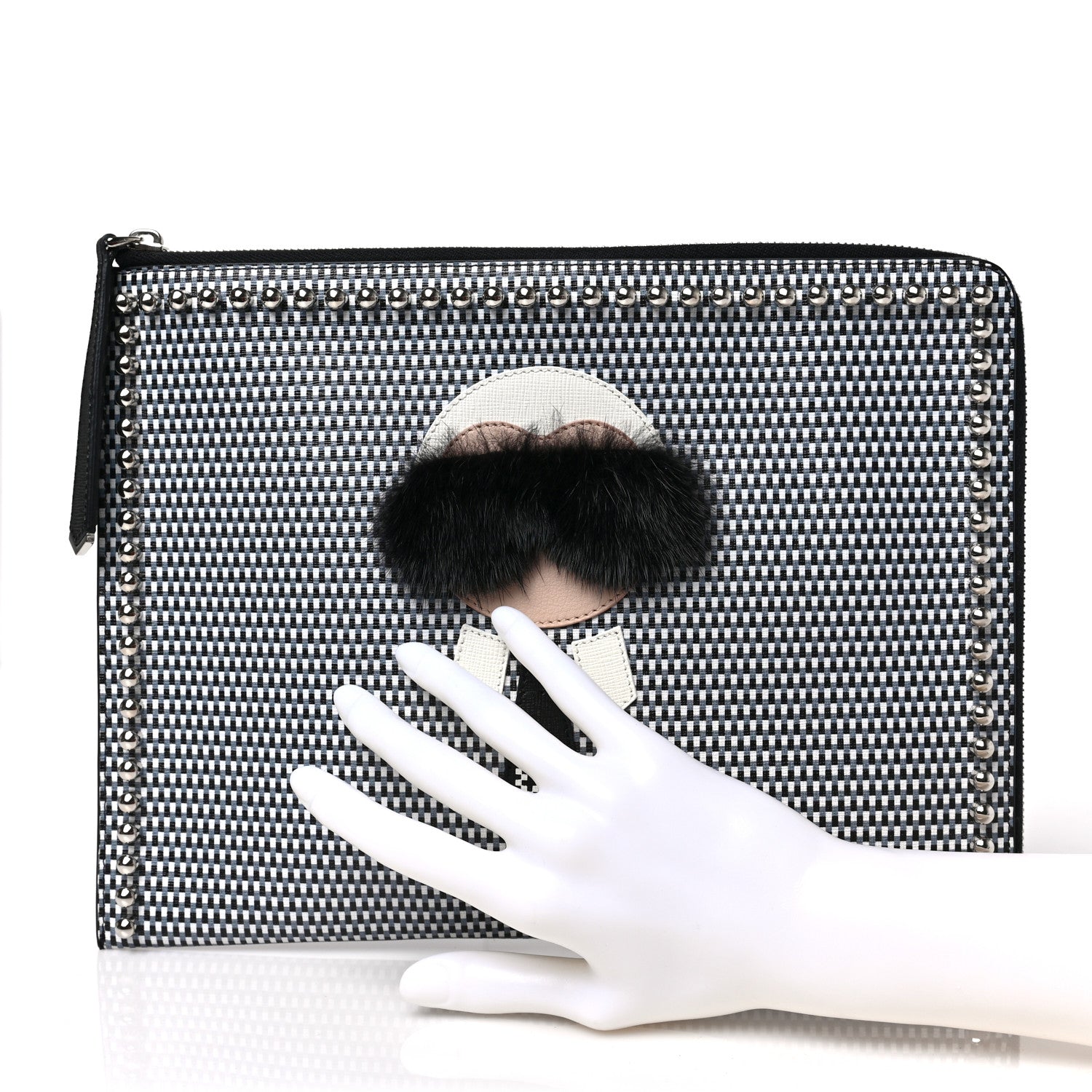 Fendi Calfskin Mink Fur Studded Karlito Zip Around Pouch Black White 2 of 7