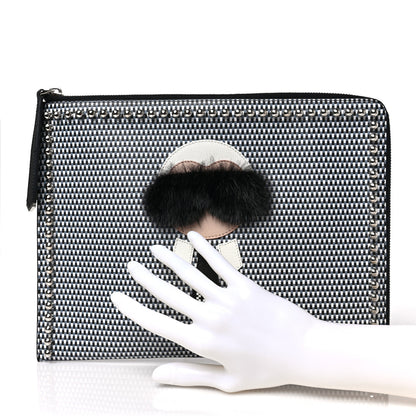 Fendi Calfskin Mink Fur Studded Karlito Zip Around Pouch Black White 2 of 7