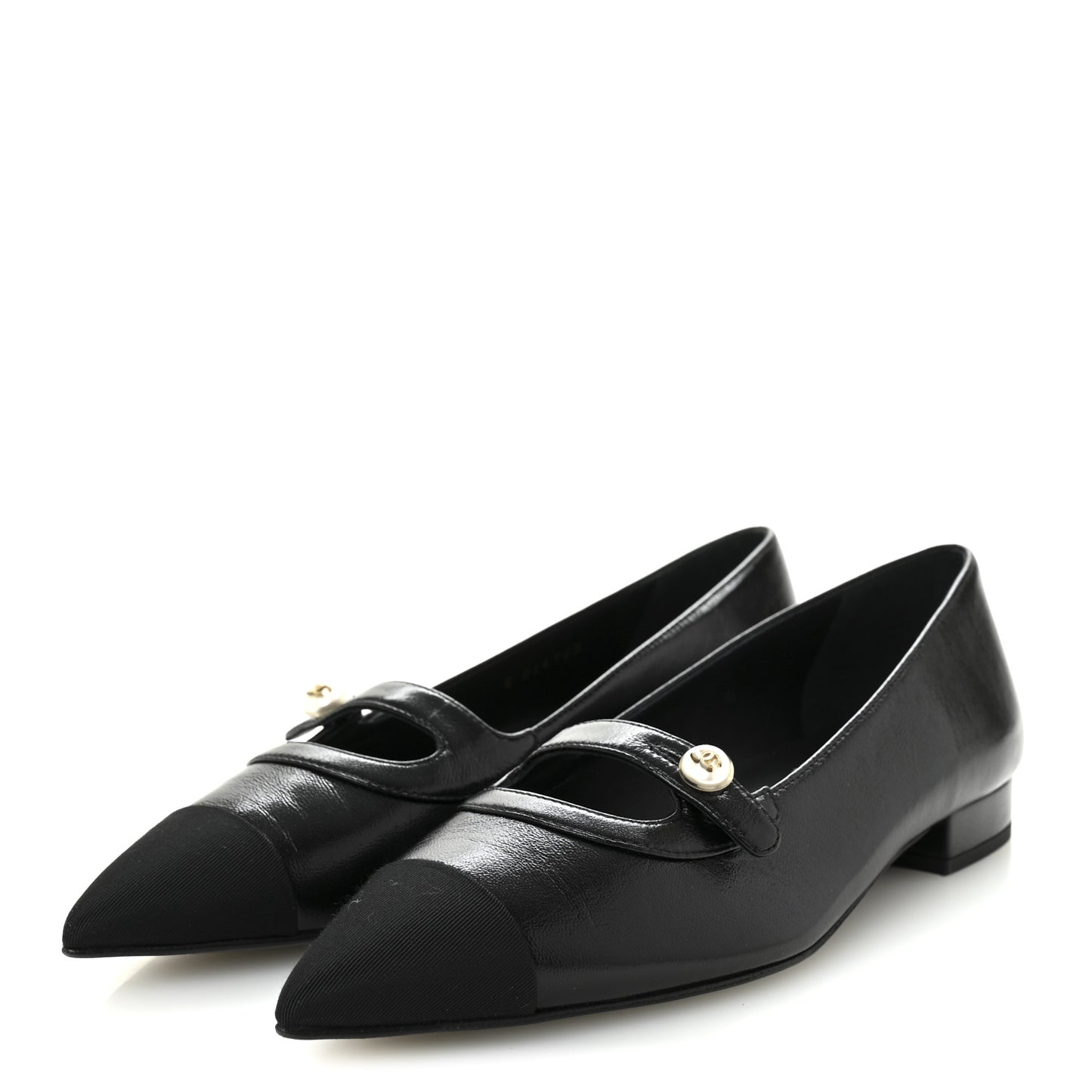 Shiny Lambskin Grosgrain Pearl Mary Jane Flats 36 Black