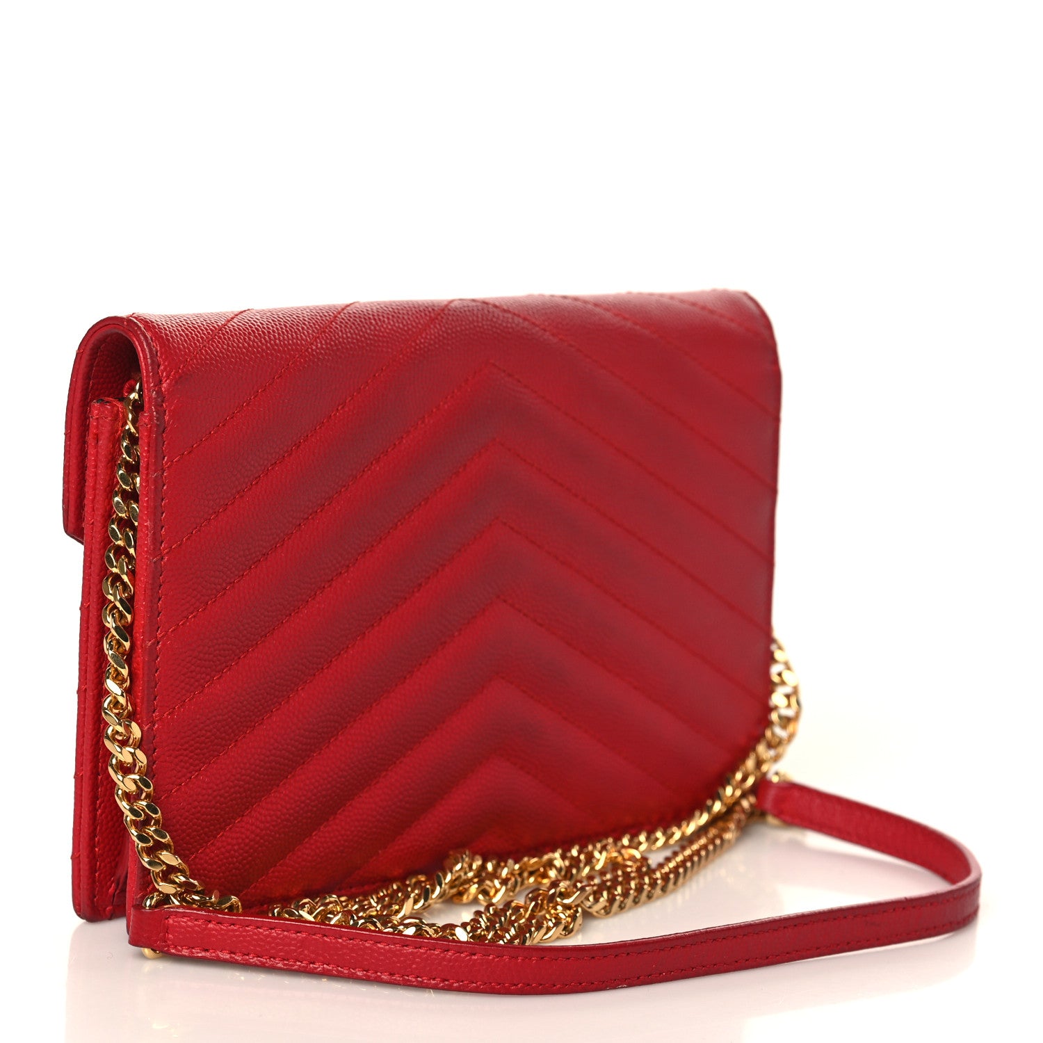 Saint Laurent Grain De Poudre Matelasse Chevron Monogram Envelope Chain Wallet Red 3 of 9
