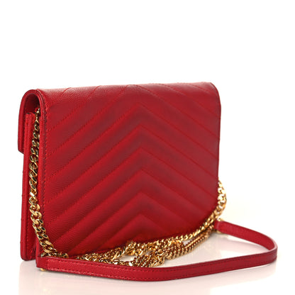 Saint Laurent Grain De Poudre Matelasse Chevron Monogram Envelope Chain Wallet Red 3 of 9