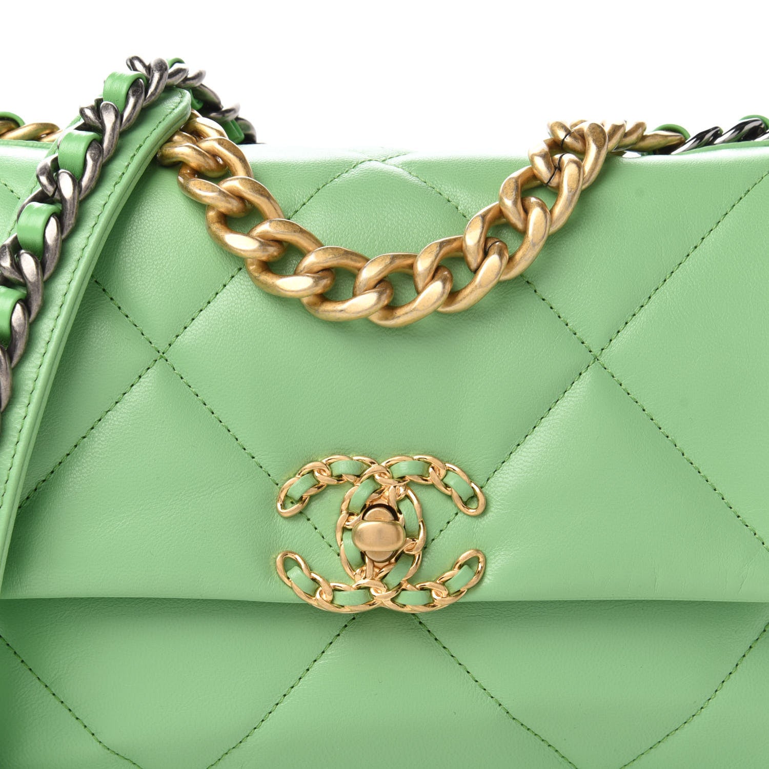 Chanel Goatskin Quilted Medium Chanel 19 Flap Light Green 10 of 10