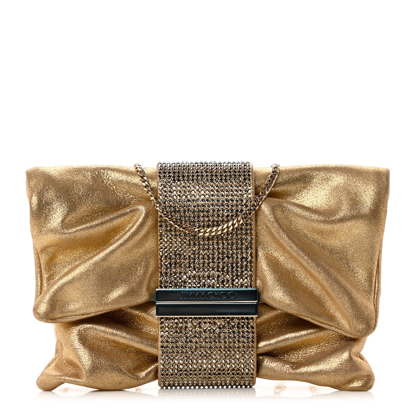 Shimmery Sheepskin Crystal Chandra Chain Clutch Gold