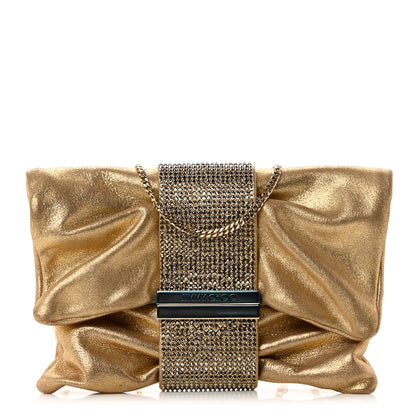 Jimmy Choo Shimmery Sheepskin Crystal Chandra Chain Clutch Gold 1 of 8