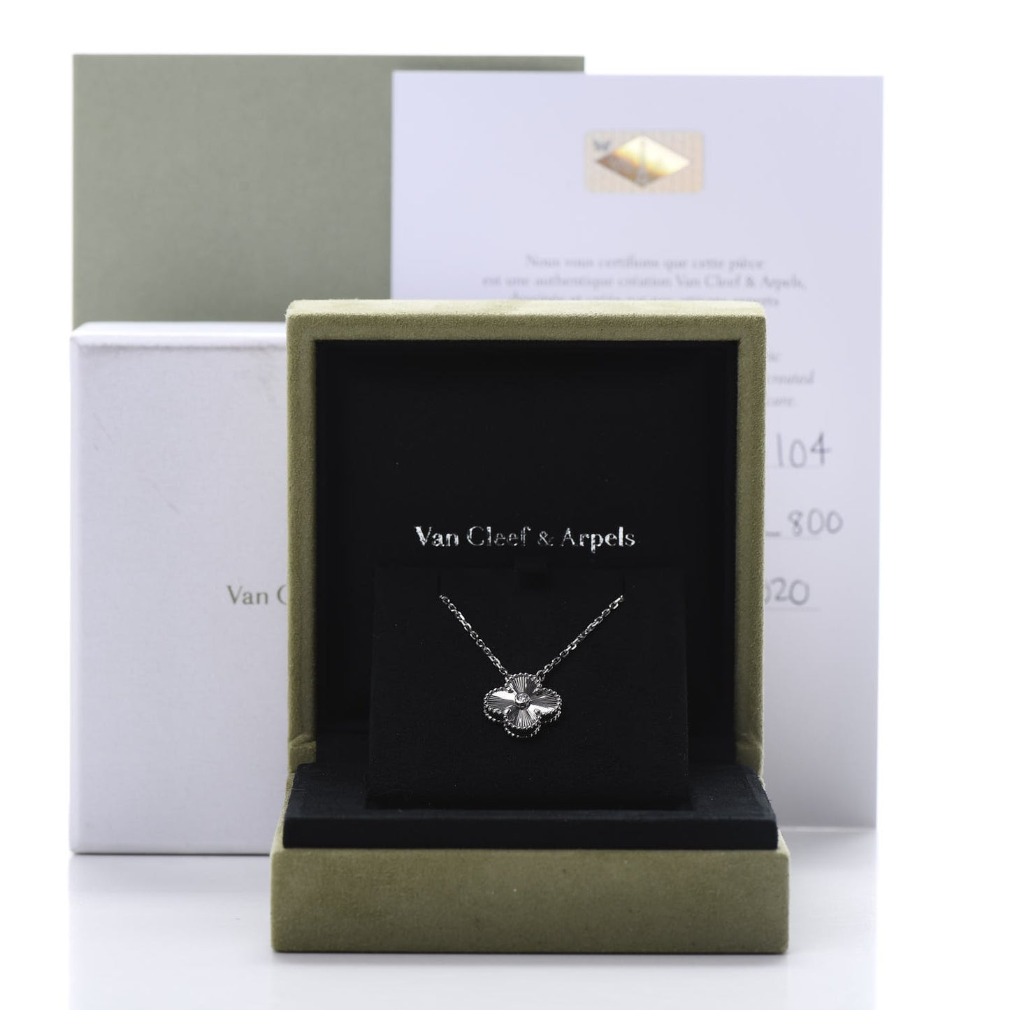 18K White Gold Diamond Guilloche Vintage Alhambra Pendant Necklace