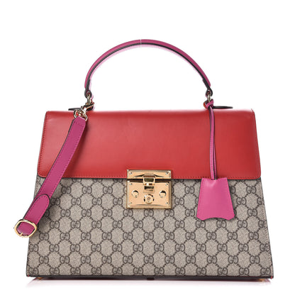 Gucci GG Supreme Monogram Calfskin Medium Padlock Top Handle Bag Beige Hibiscus Red New Rosette 1 of 9