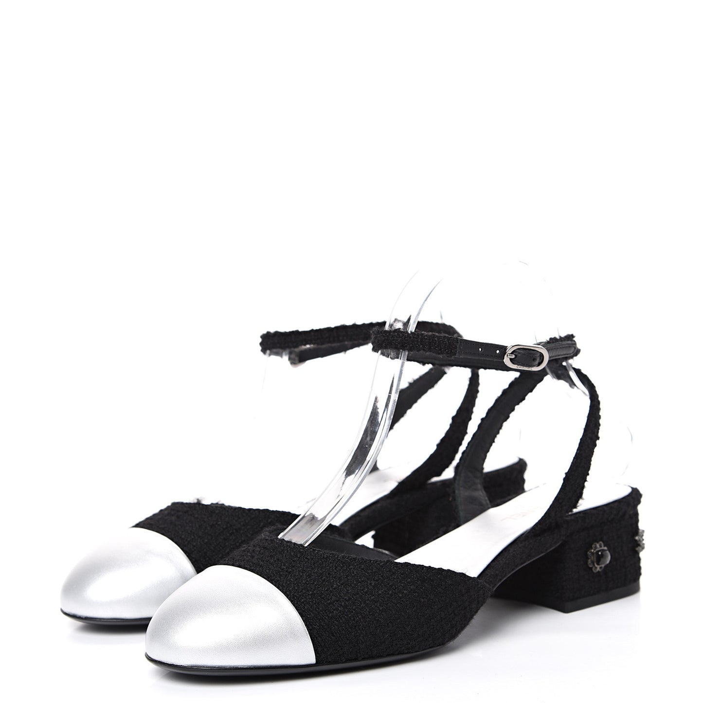 Tweed Iridescent Calfskin Cap Toe CC Slingback Pumps 39 Black Silver