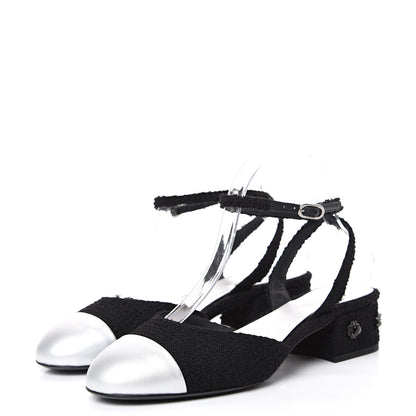 Chanel Tweed Iridescent Calfskin Cap Toe CC Slingback Pumps 39 Black Silver 3 of 9