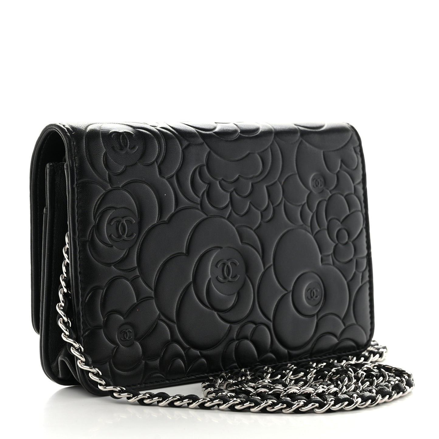 Lambskin Camellia Embossed Wallet on Chain WOC Black
