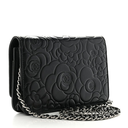 Chanel Lambskin Camellia Embossed Wallet on Chain WOC Black 3 of 13