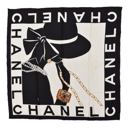 Chanel Silk Foulard en Soie PARIS Scarf Black Ivory 1 of 3