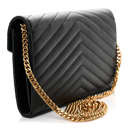 Saint Laurent Grain De Poudre Matelasse Chevron Monogram Chain Wallet Black 3 of 12
