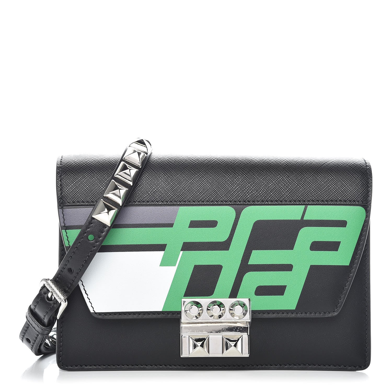Prada City Calfskin Saffiano Racing Logo Elektra Shoulder Bag Black Verde 1 of 10