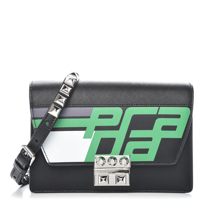 Prada City Calfskin Saffiano Racing Logo Elektra Shoulder Bag Black Verde 1 of 10