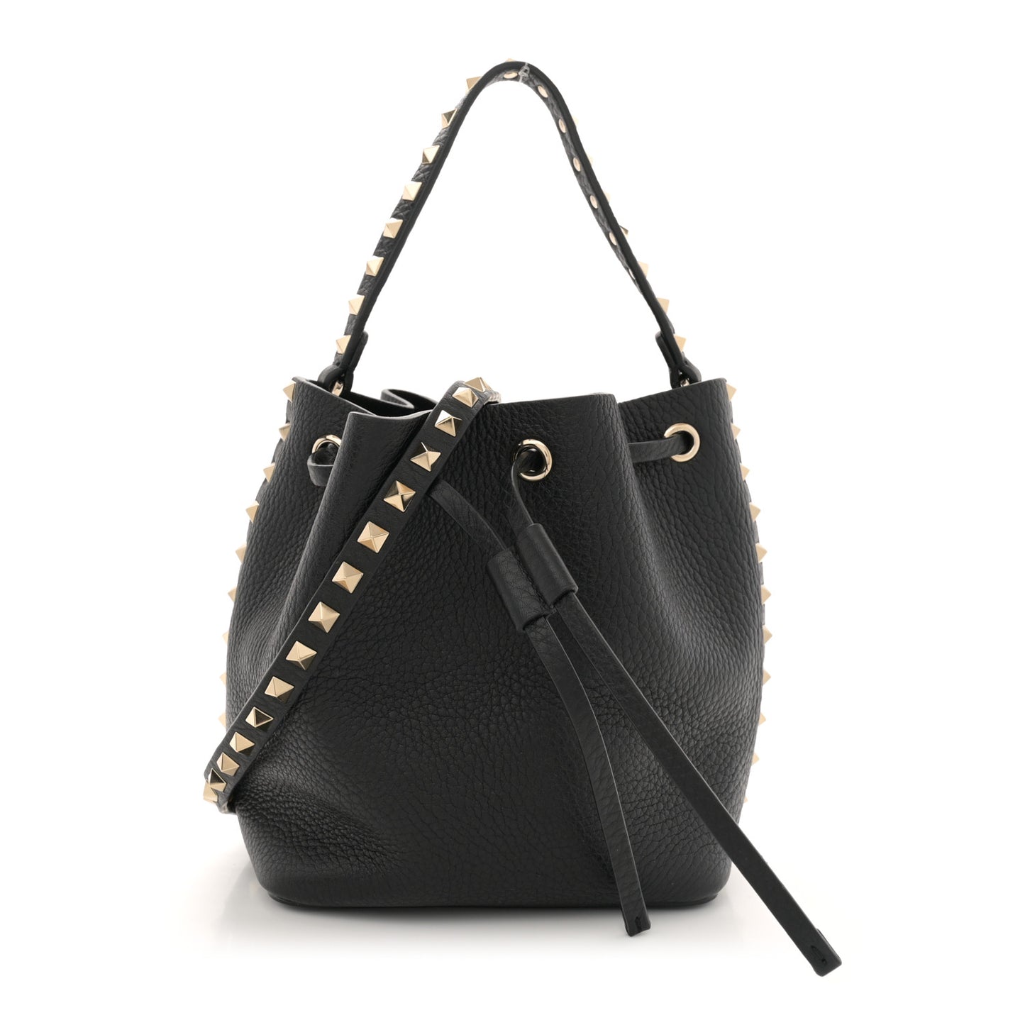 Grained Calfskin Rockstud Bucket Bag Black