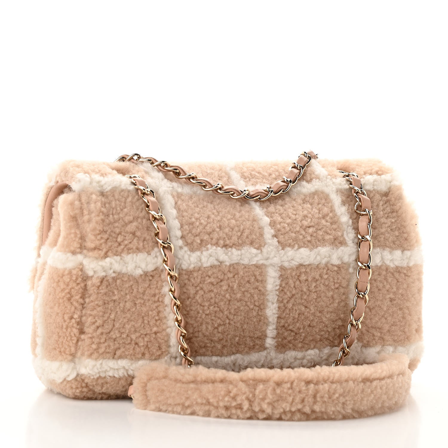 Chanel Shearling Lambskin Large Fluffy Tartan Single Flap Beige White 3 of 10