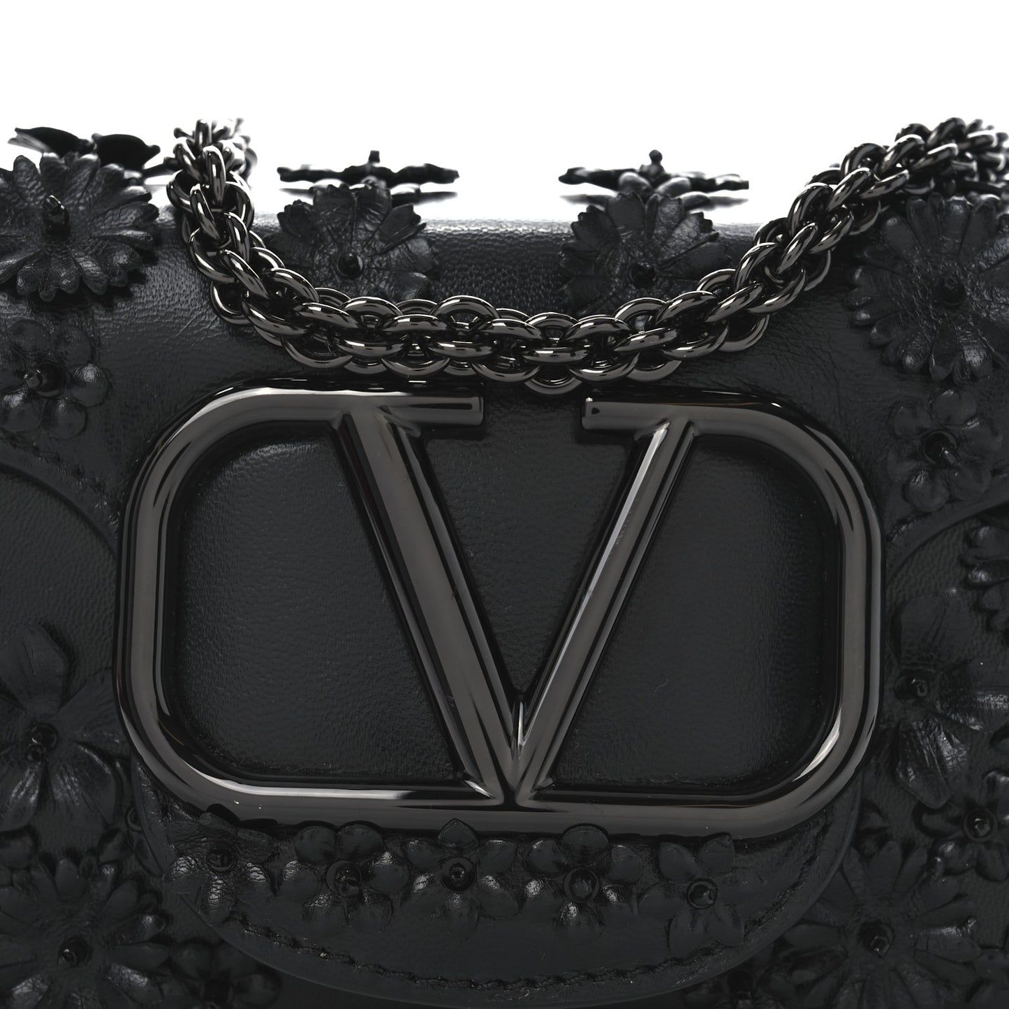 Calfskin Flower Embroidered Small Loco Shoulder Bag Black