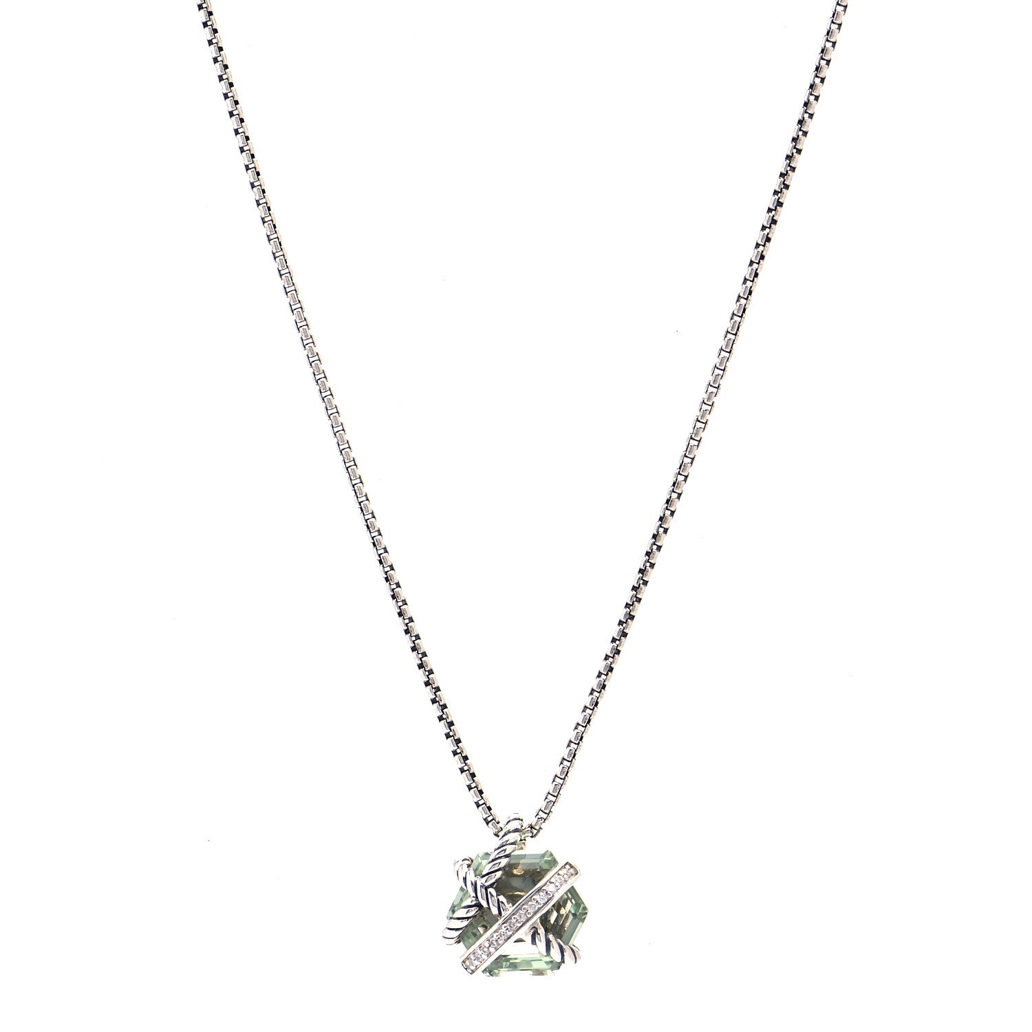 David Yurman Sterling Silver Diamond Prasiolite 10mm Petite Cable Wrap Pendant Necklace 1 of 6