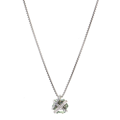 David Yurman Sterling Silver Diamond Prasiolite 10mm Petite Cable Wrap Pendant Necklace 1 of 6