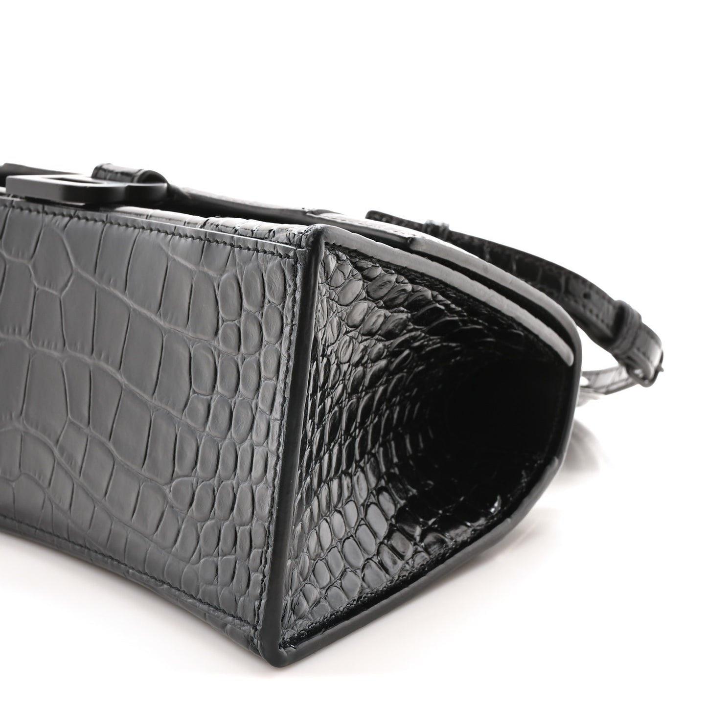 Shiny Calfskin Monochrome Crocodile Embossed Small Hourglass Top Handle Bag Black