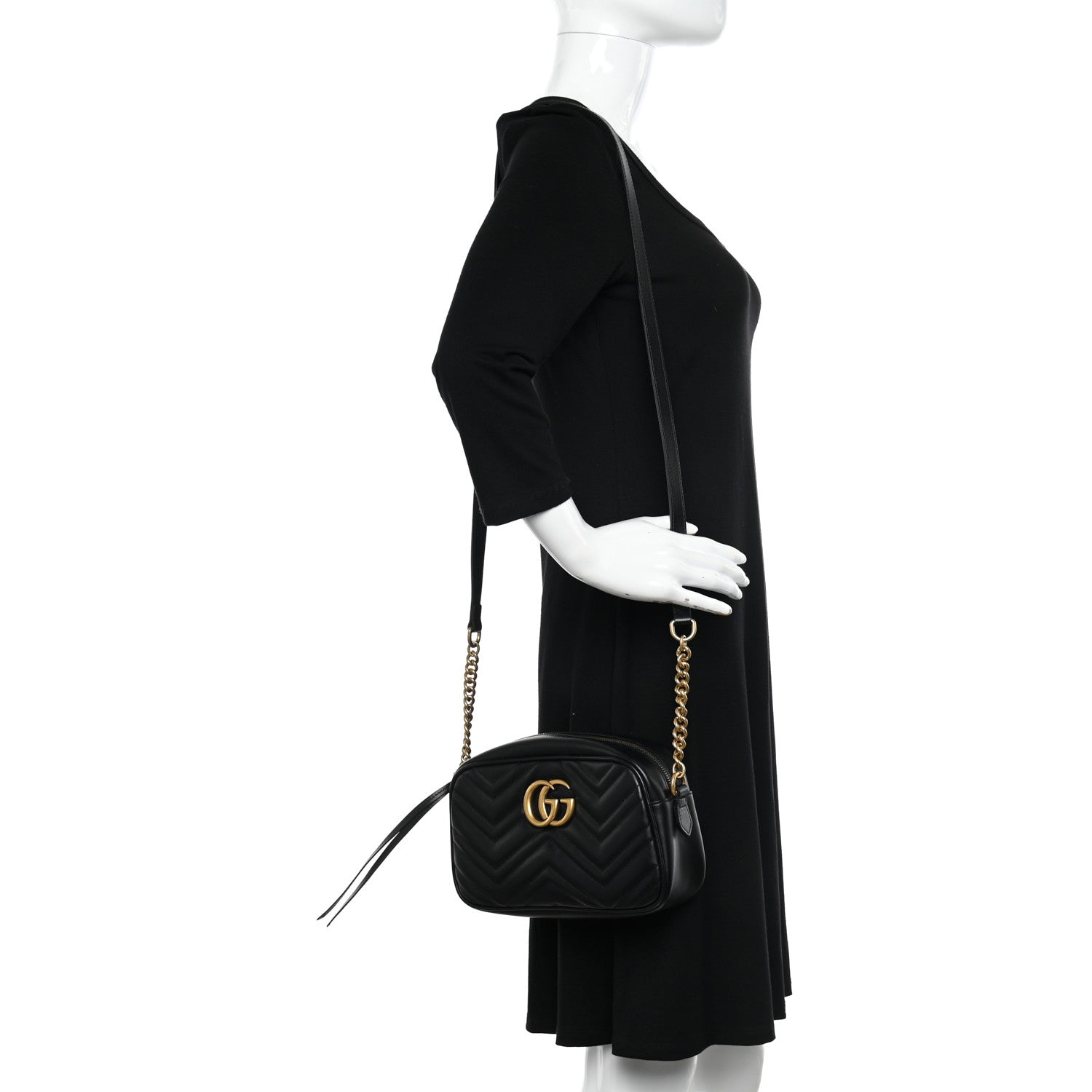 Gucci Calfskin Matelasse Small GG Marmont Chain Shoulder Bag Black 2 of 11