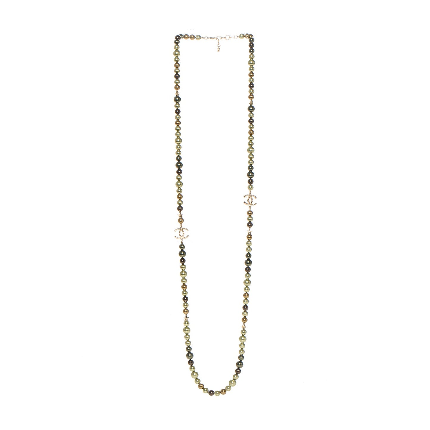 Pearl Beaded CC Long Necklace Gold Green