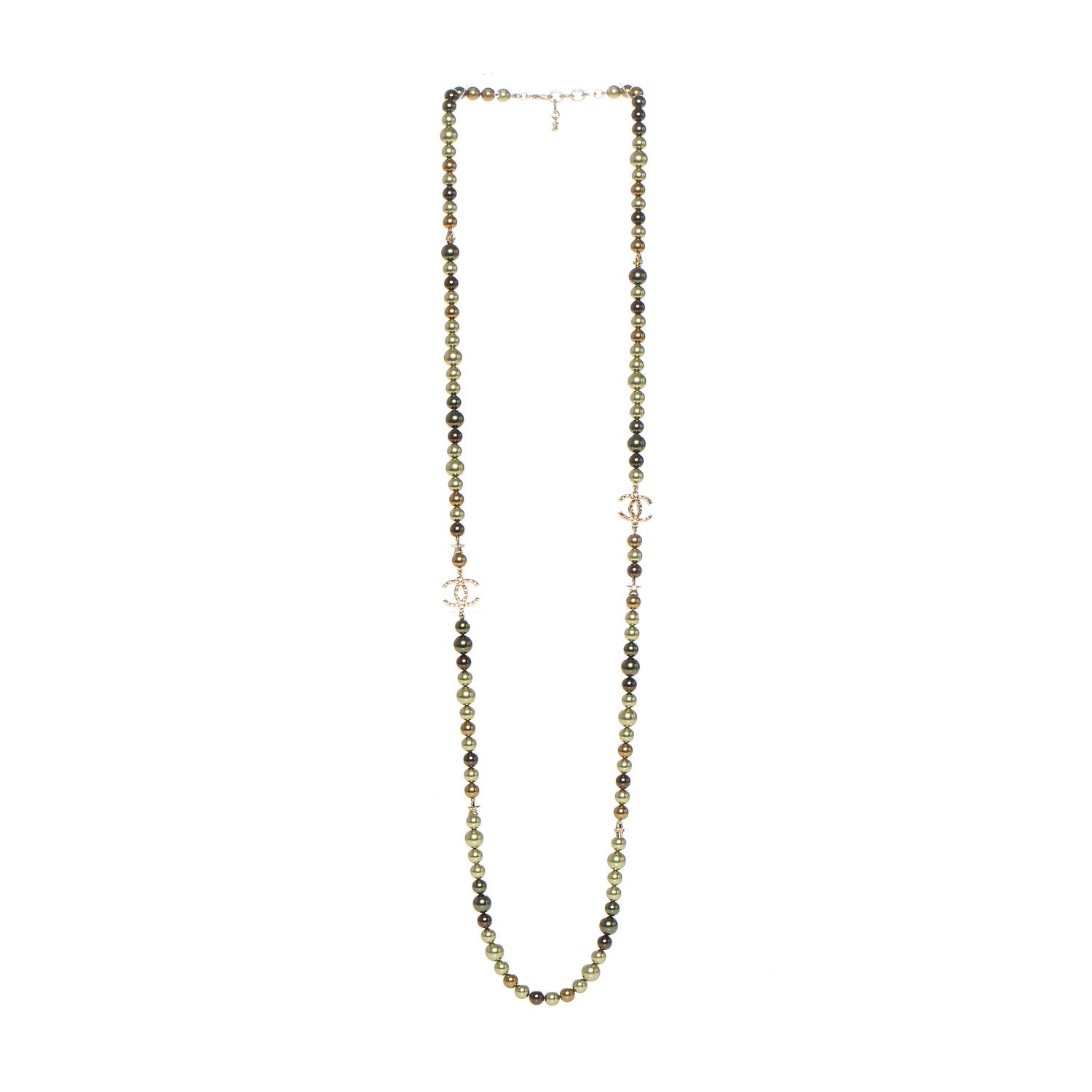 Chanel Pearl Beaded CC Long Necklace Gold Green 3 of 5