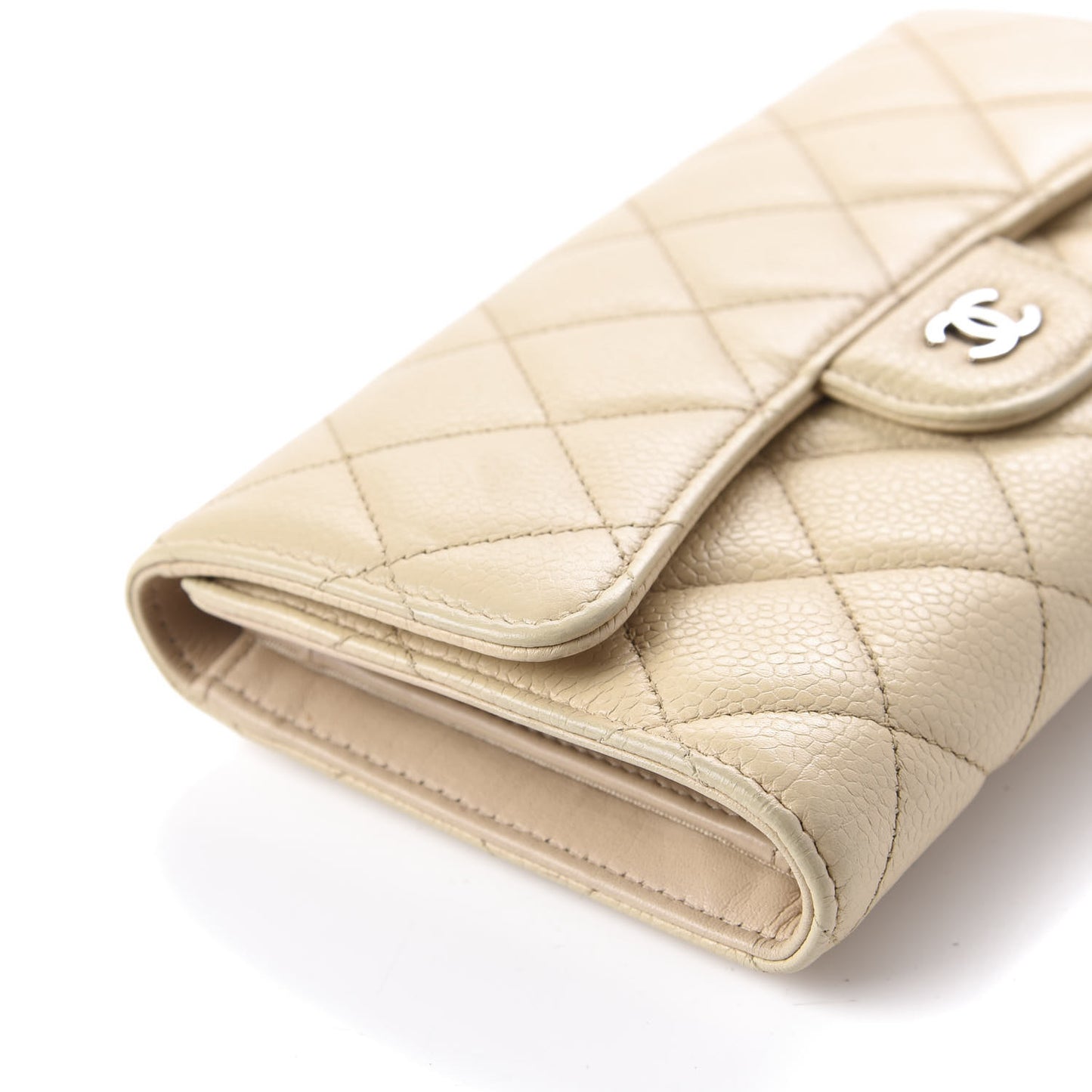 Caviar Quilted Large Flap Wallet Beige