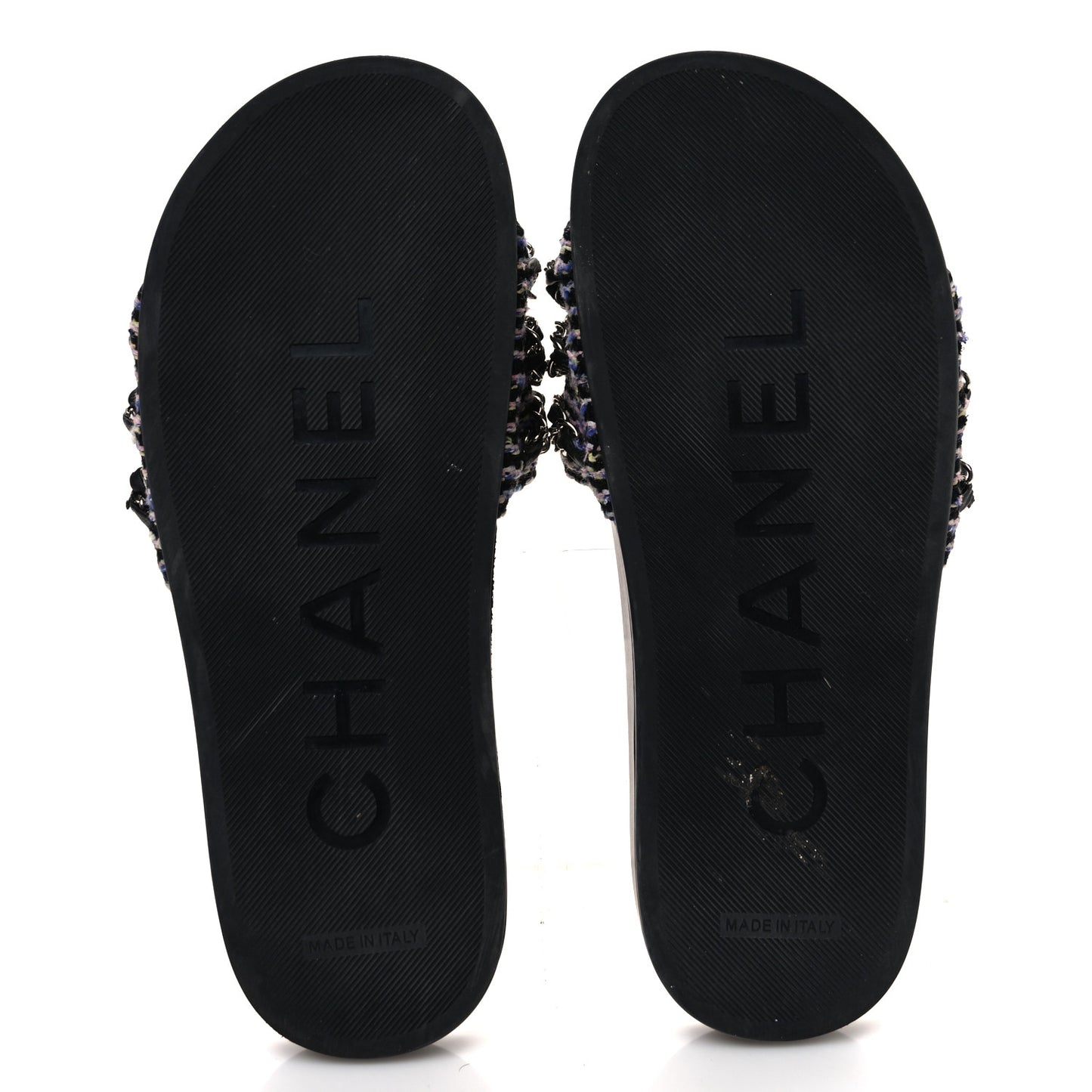 Tweed Lambskin Chain Flat Sandals 37 Black Multicolor