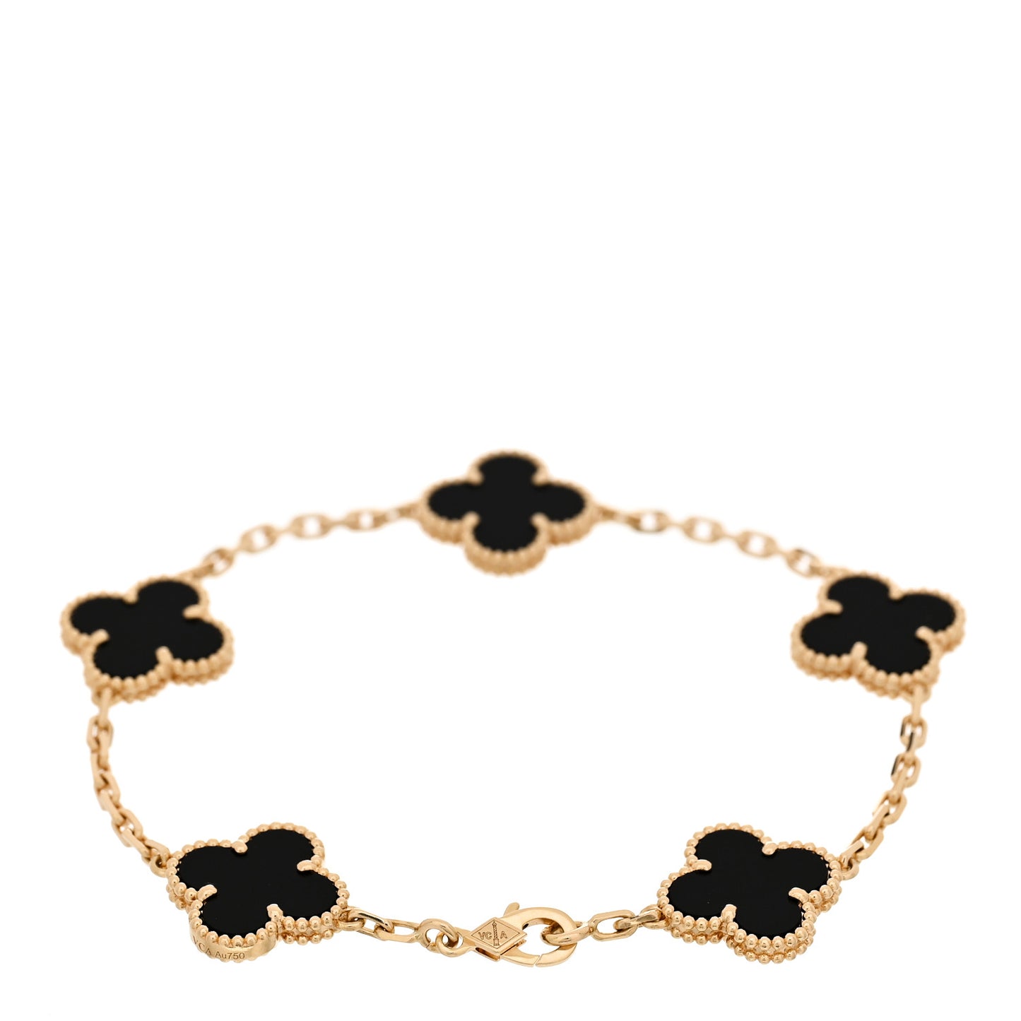 18K Yellow Gold Black Onyx 5 Motifs Vintage Alhambra Bracelet
