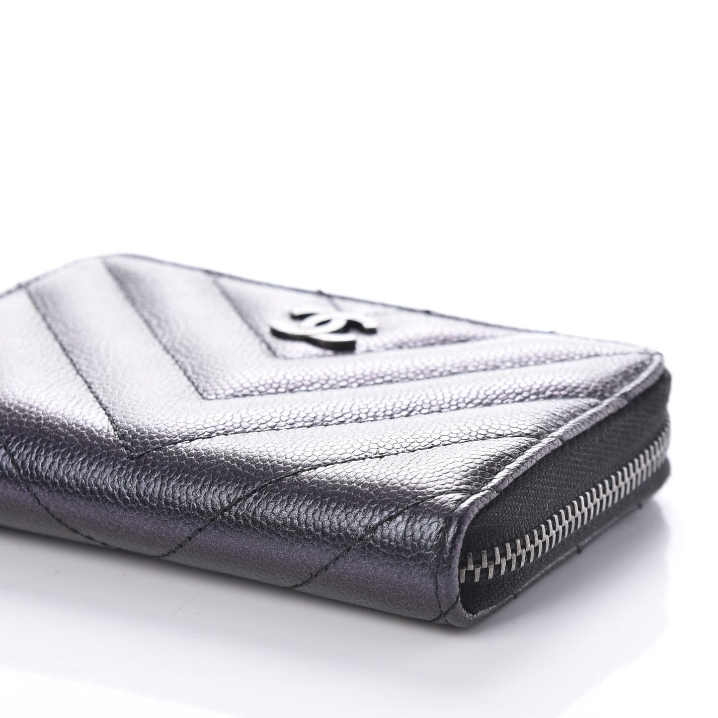Iridescent Caviar Chevron Quilted Zip Around Coin Purse Black