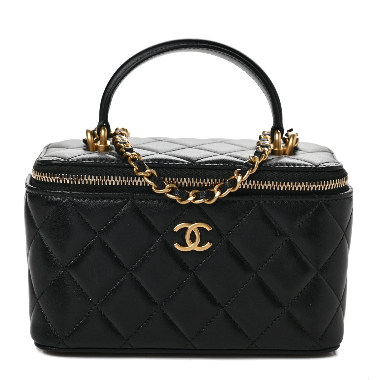 Lambskin Quilted Small Top Handle Vanity Case With Chain Black