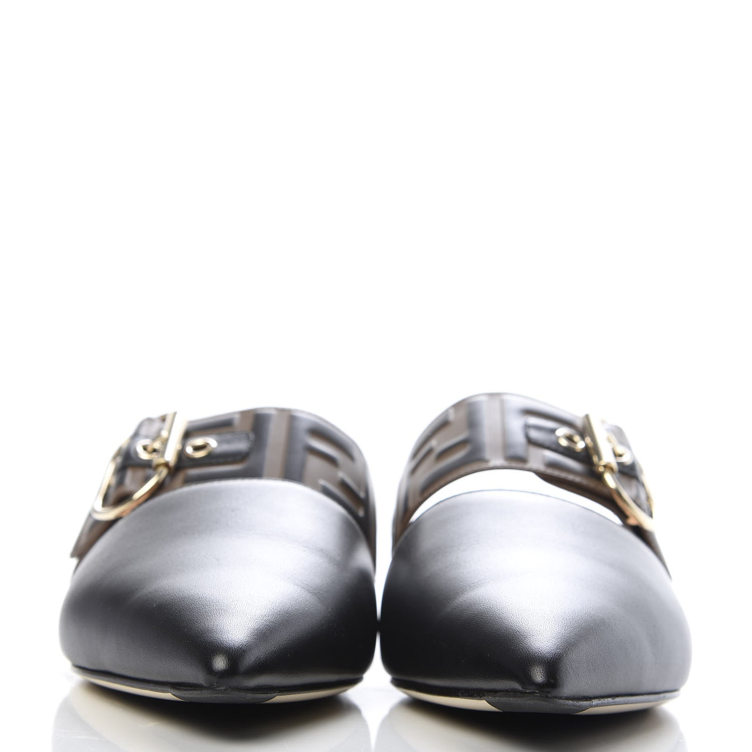Fendi Vitello FF Embossed Buckle Flat Mules 38.5 Maya Black 2 of 8