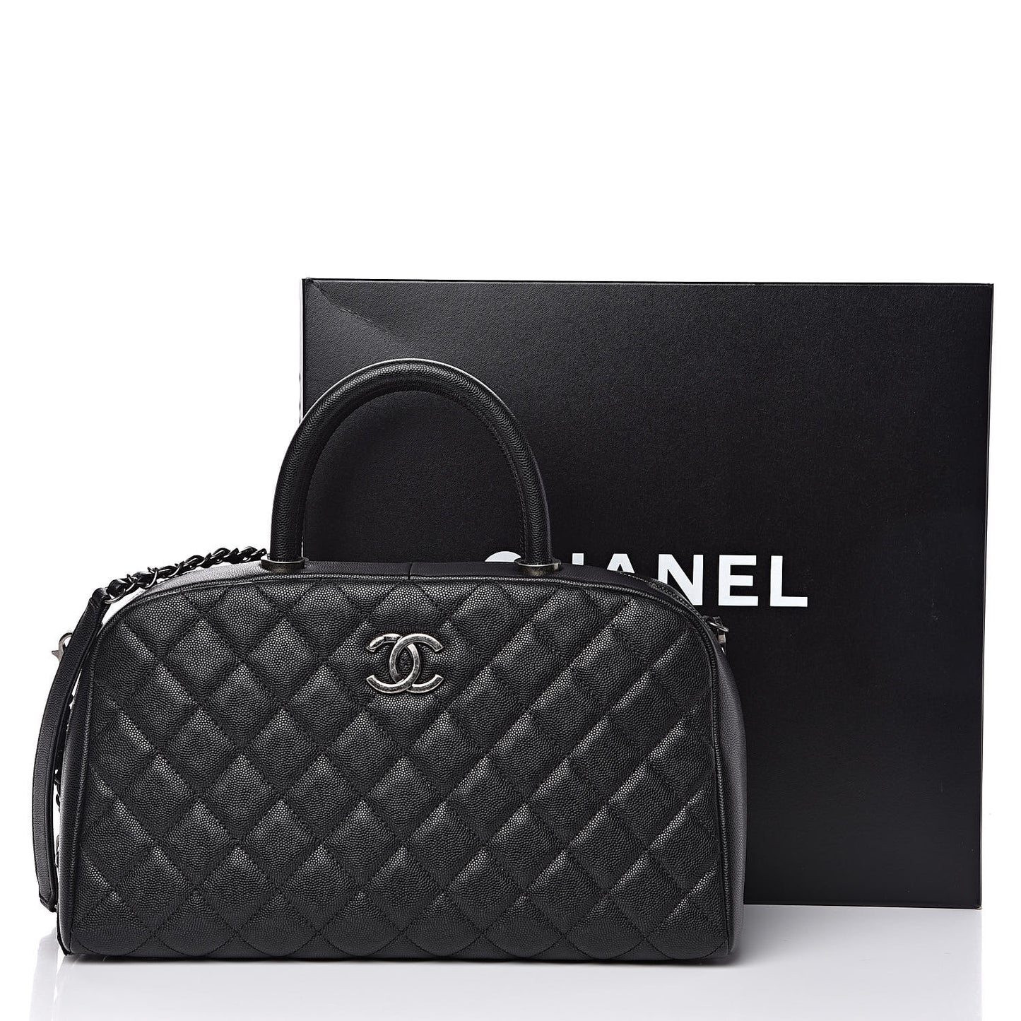 Caviar Quilted Large Coco Handle Bowling Bag Black