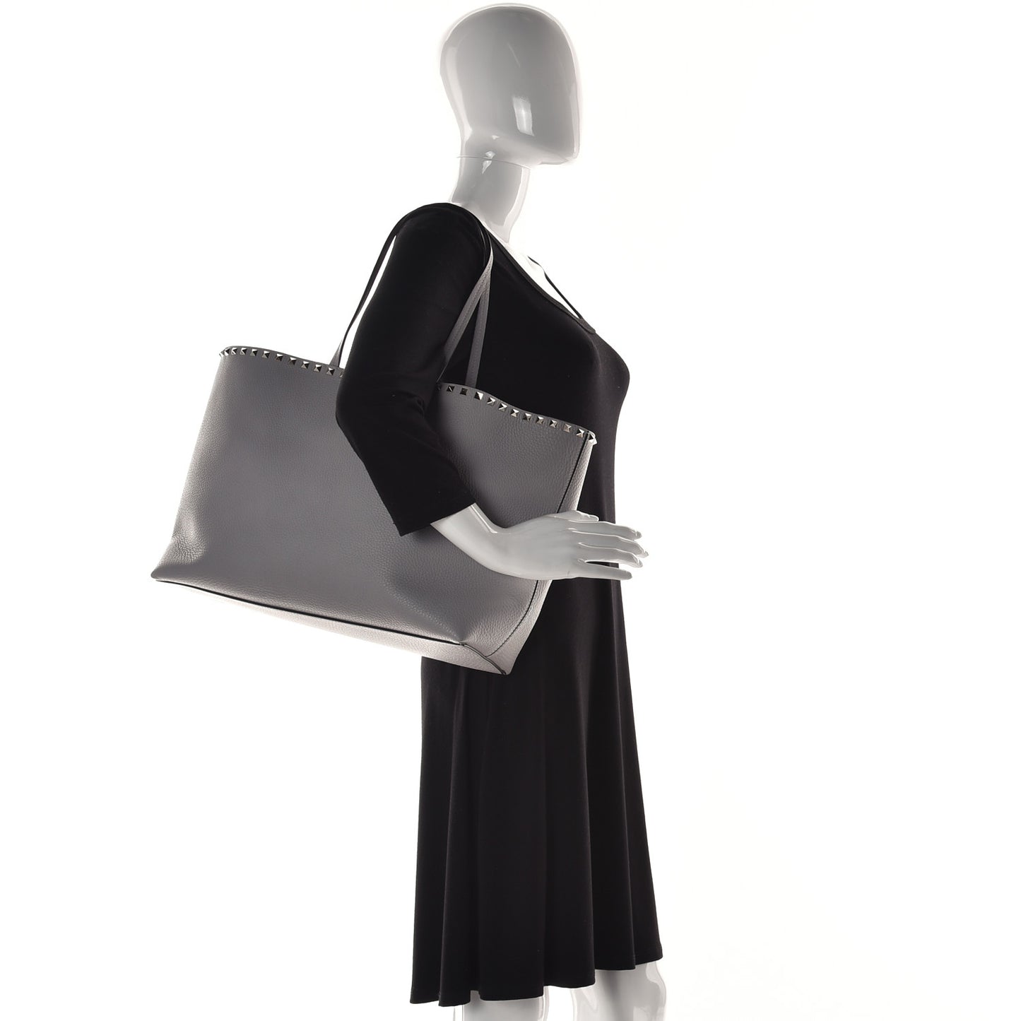 Grained Calfskin Rockstud Shoulder Tote Pastel Grey