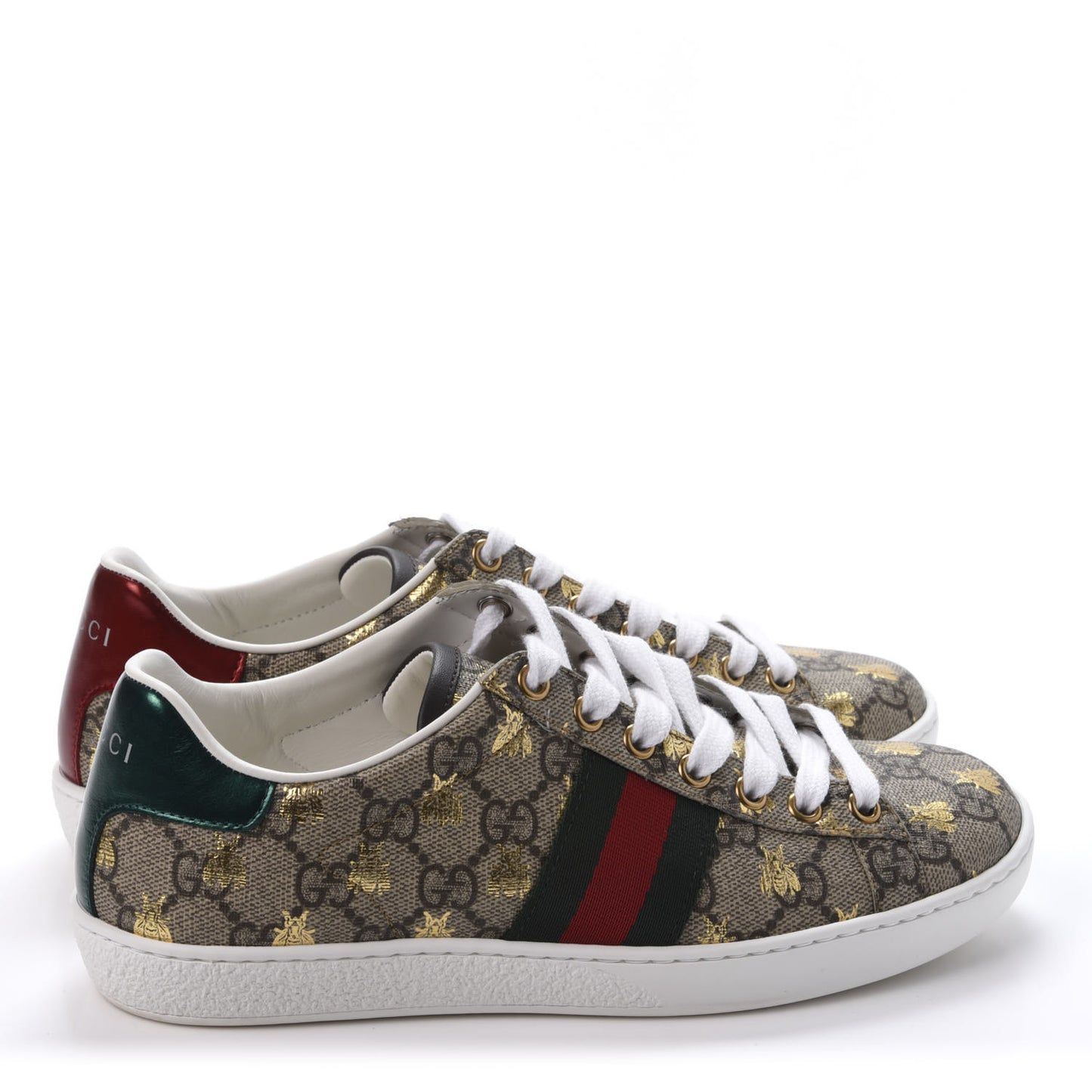 GG Supreme Monogram Bees Web Womens Ace Sneakers 36 Beige Oro Green Red