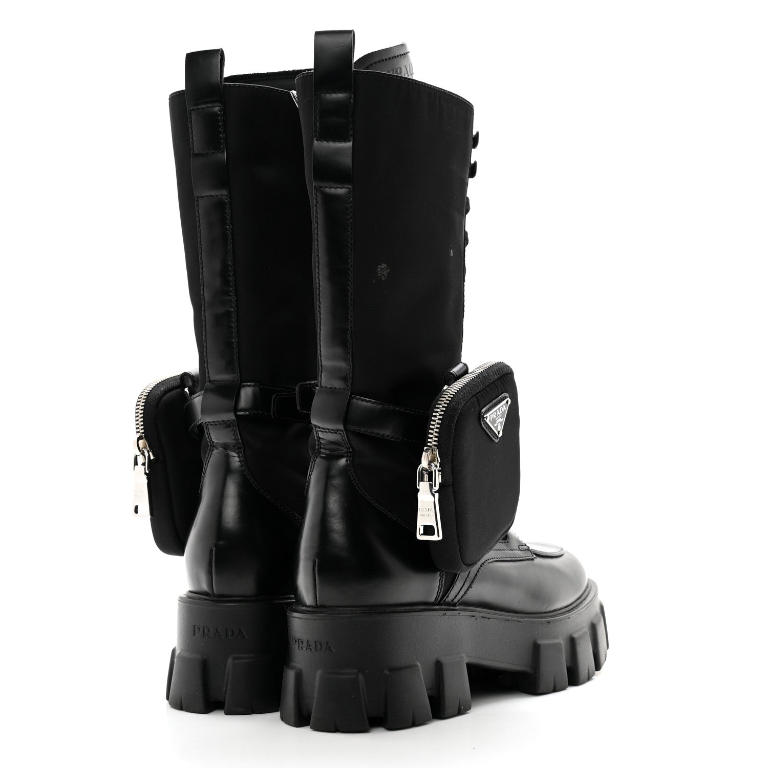 Prada Vitello Lux Nylon Metal Triangle Logo Monolith Pouch Pocket 55mm Tall Combat Boots 38.5 Black 4 of 11