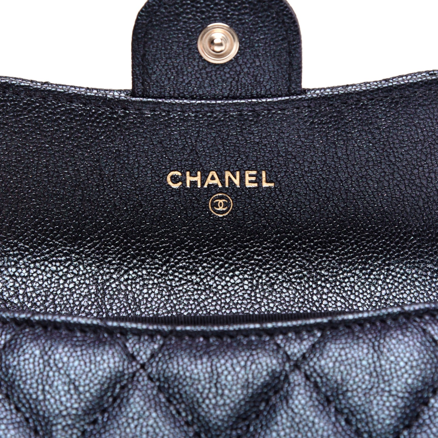 Iridescent Caviar Quilted Flap Card Holder Wallet Black