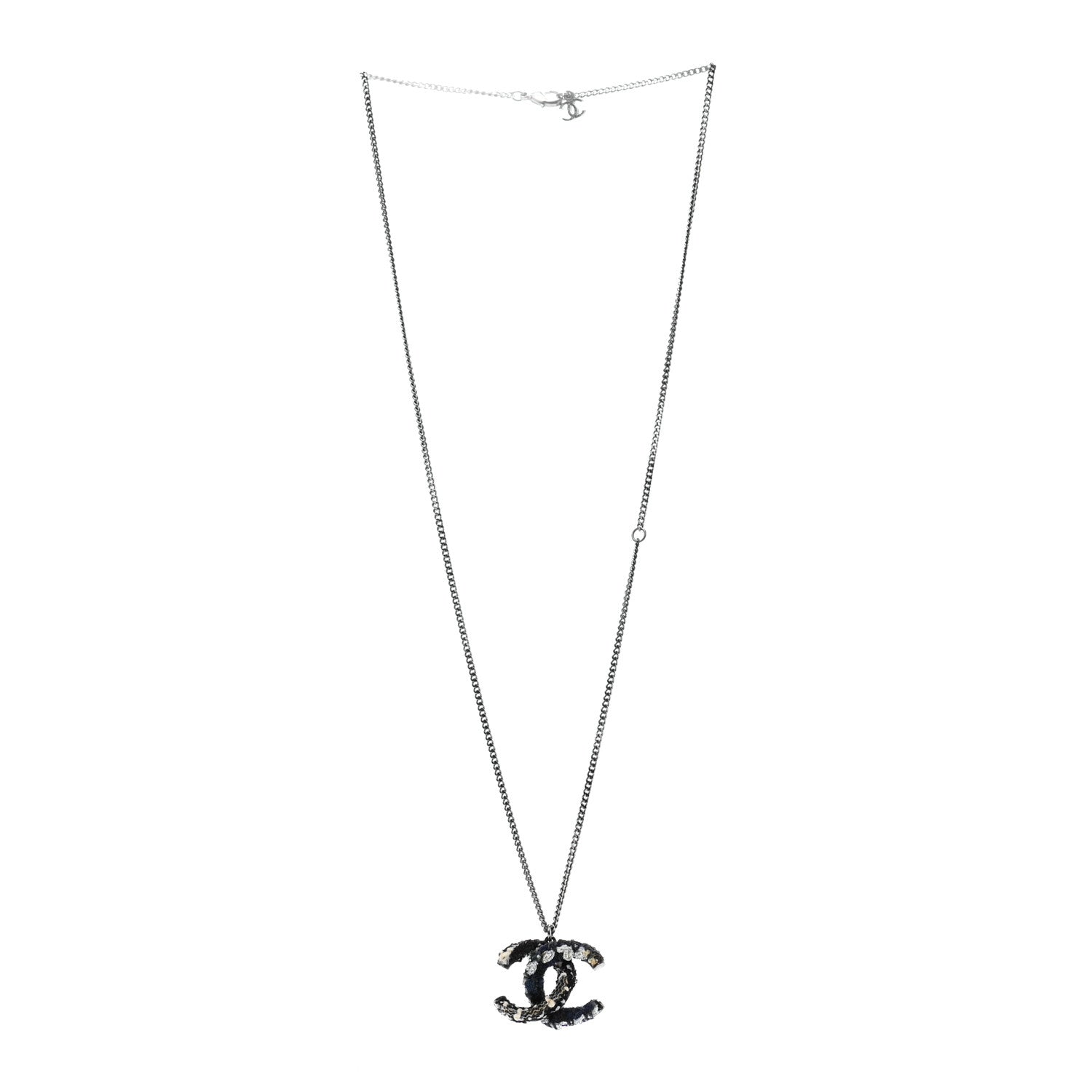 Chanel Tweed Ruthenium CC Pendant Necklace Black Silver 3 of 7