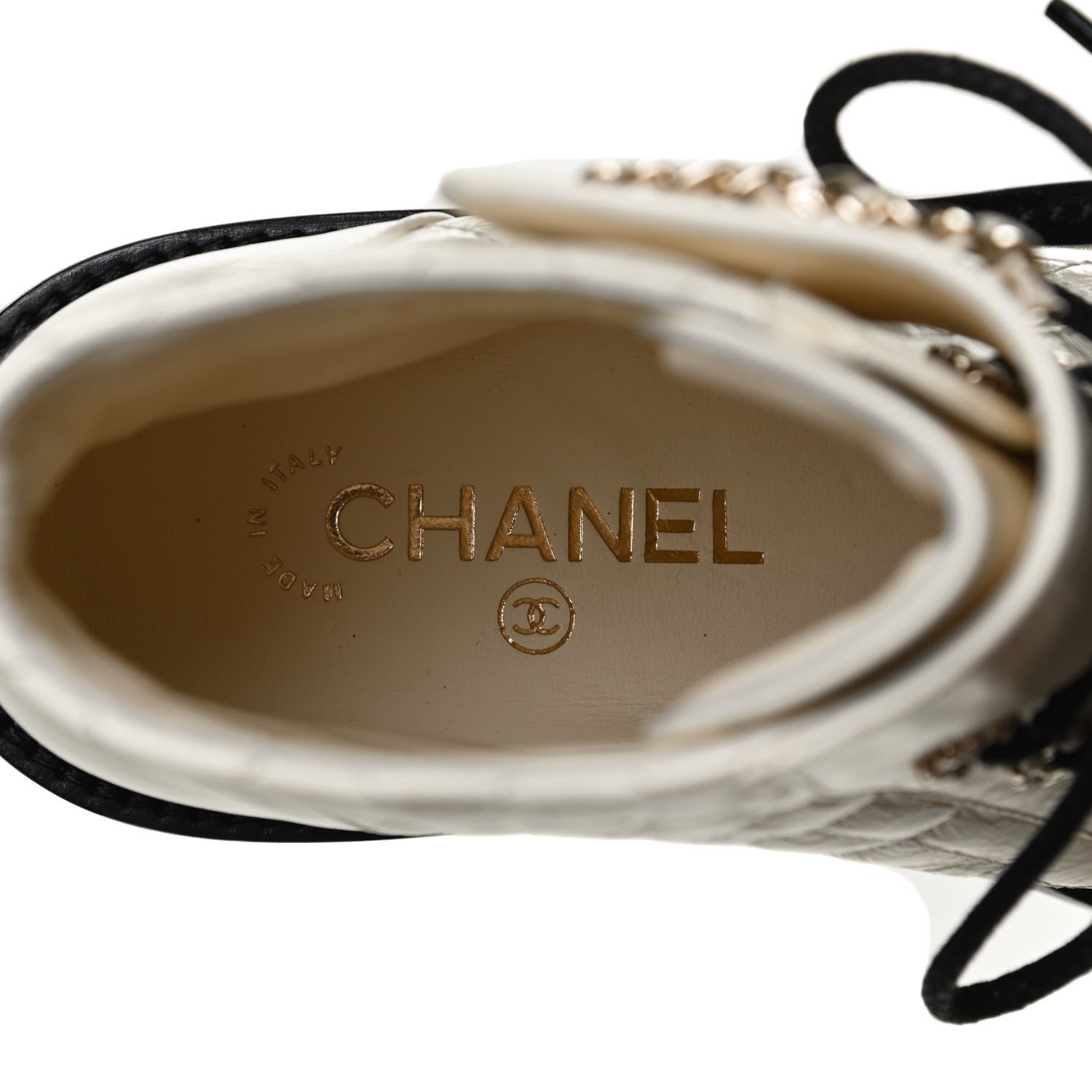Chanel Shiny Calfskin Quilted Lace Up Combat Boots 38 Ivory Black 10 of 12