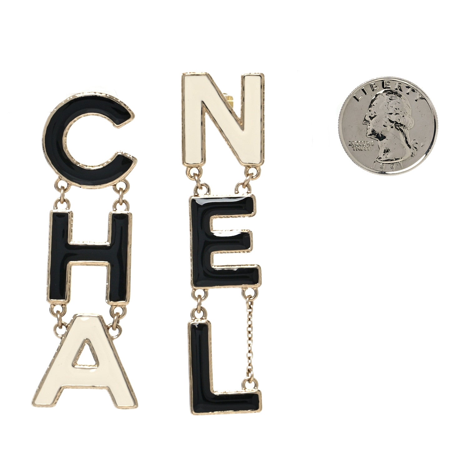 Chanel Metal Enamel Cha-Nel Logo Drop Earrings Black White 2 of 5