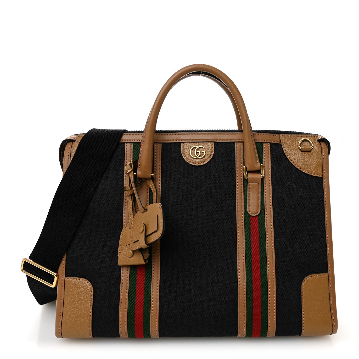 Gucci Monogram Textured Dollar Calfskin Web Large Bauletto Duffle Top Handle Bag Black Koi Beige 1 of 11