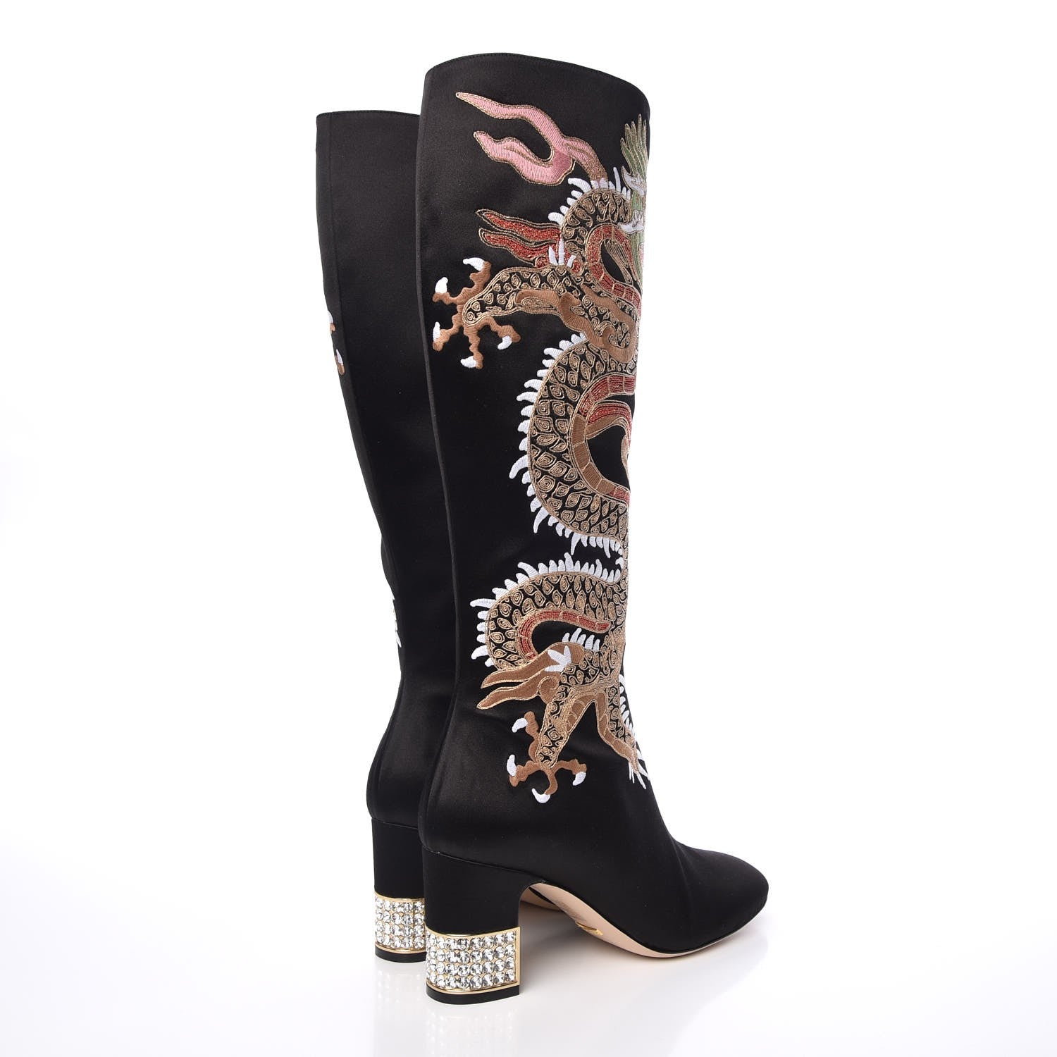 Gucci Silk Satin Malaga Kid Embroidered Candy Dragon Block-Heel Knee Boot 39 Black 8 of 14