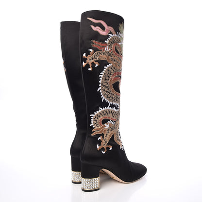 Gucci Silk Satin Malaga Kid Embroidered Candy Dragon Block-Heel Knee Boot 39 Black 8 of 14
