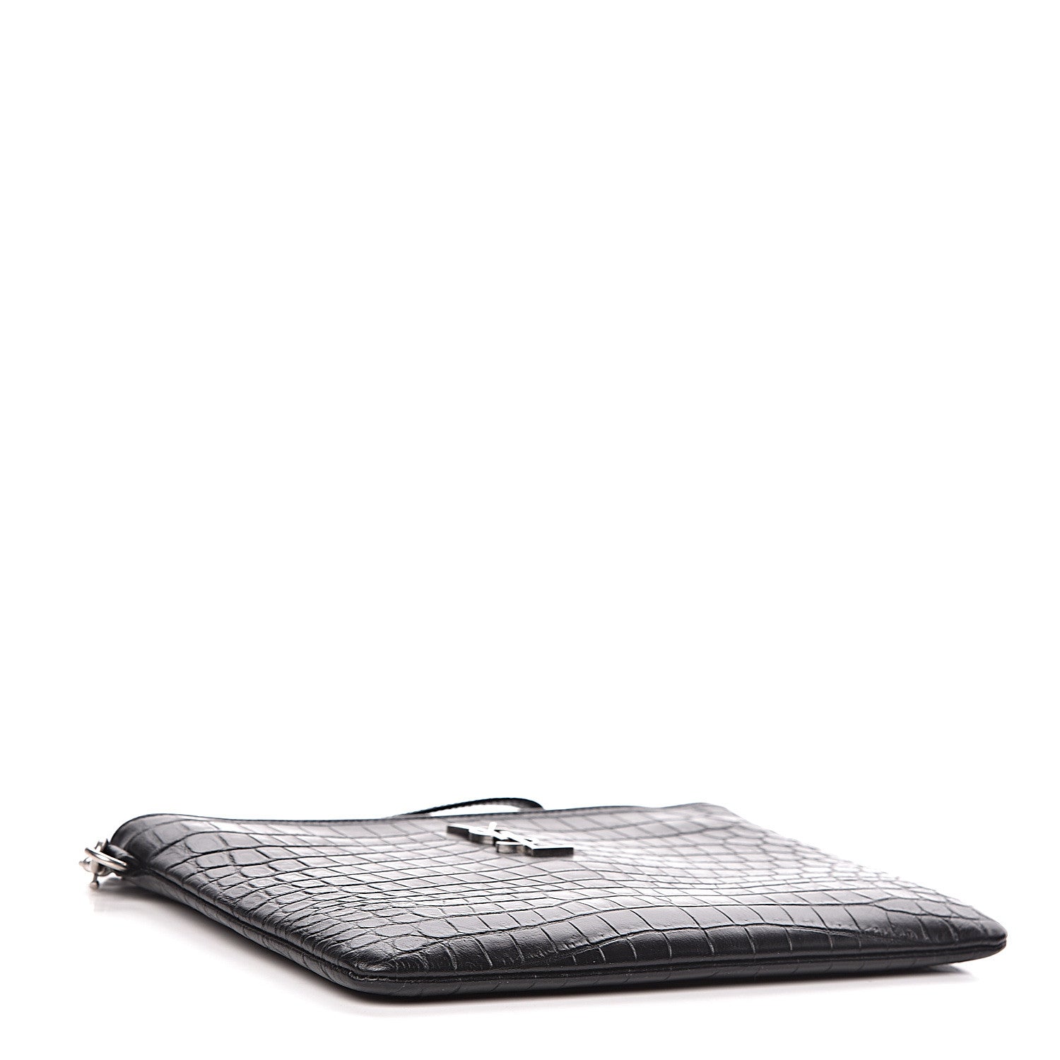 Saint Laurent Calfskin Crocodile Embossed Monogram Zip Pouch Black 4 of 7