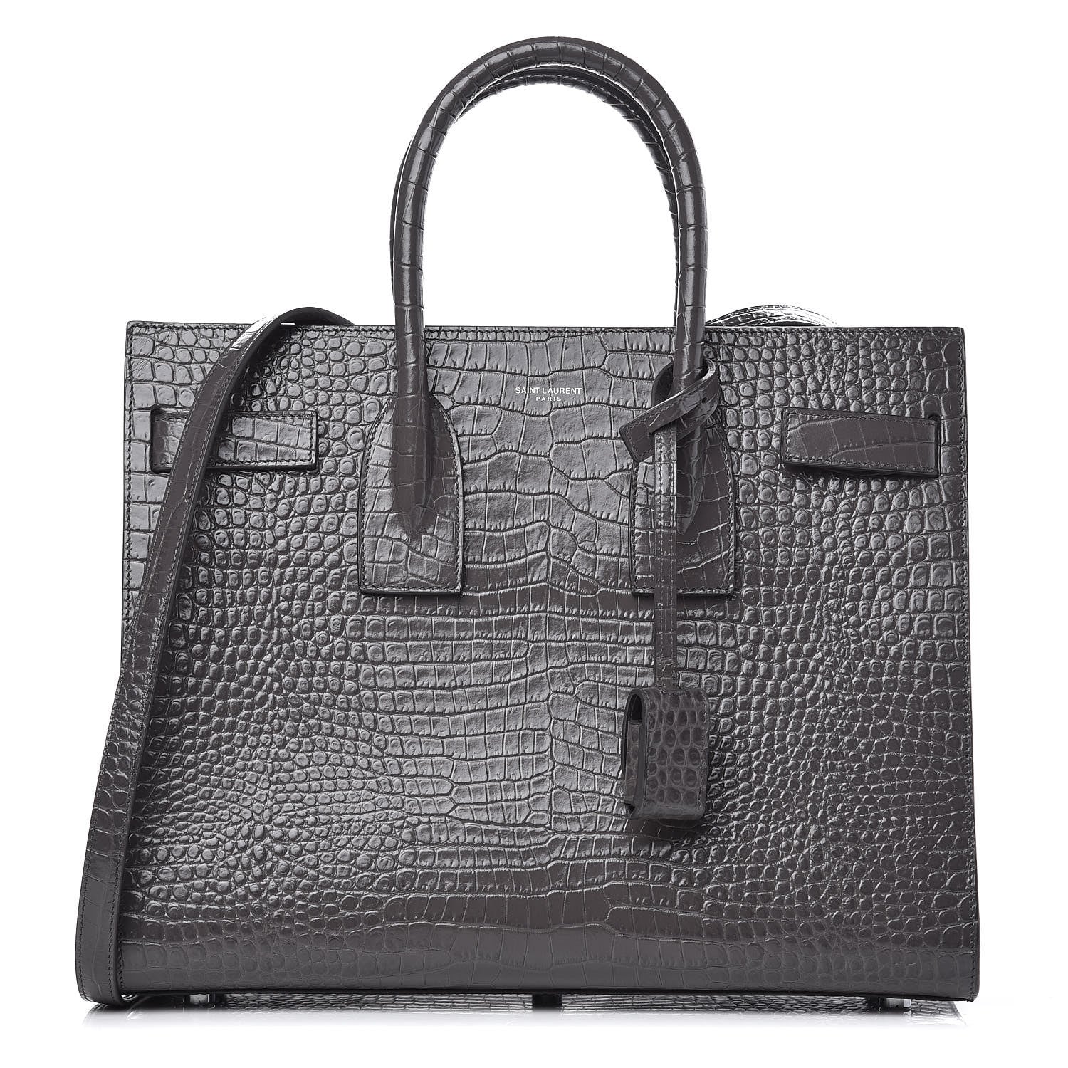 Saint Laurent Calfskin Crocodile Embossed Small Sac De Jour Fog 1 of 9