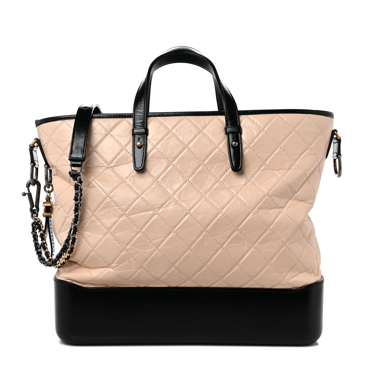 Aged Calfskin Quilted Large Gabrielle Shopping Tote Beige Black