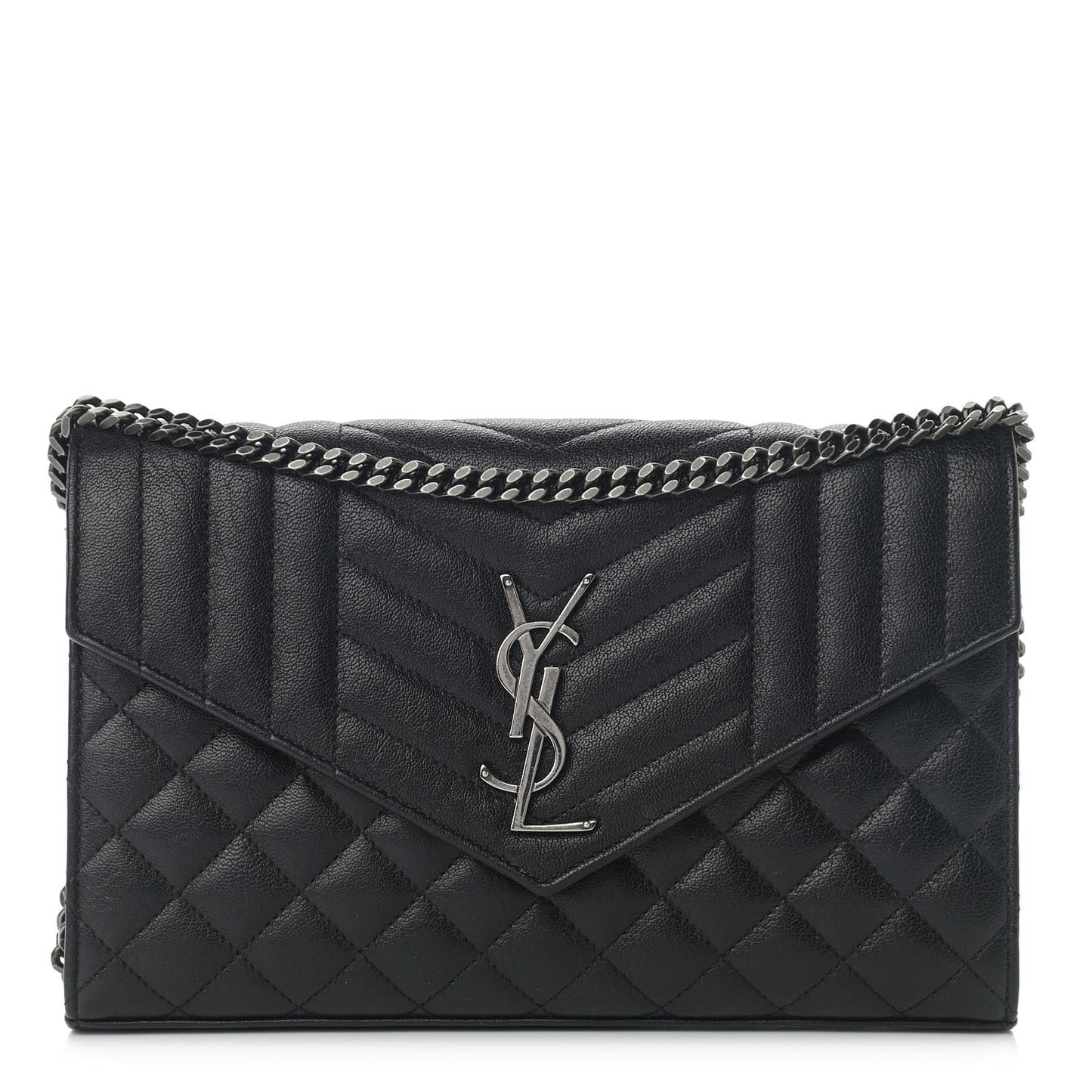 Sheepskin Tri-Quilt Monogram Envelope Chain Wallet Black